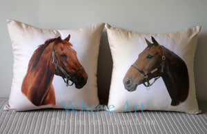 A striking pair of horse art cushions, each showing a painting of a horse's head.