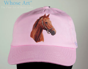 pink horse hat with a horse head portrait printed on the front