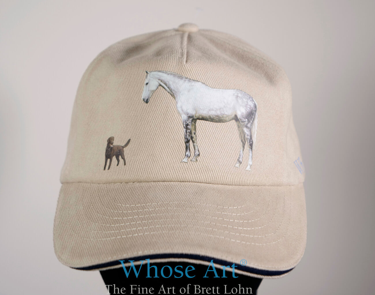 horse hat with a picture of a horse and a labrador on the front