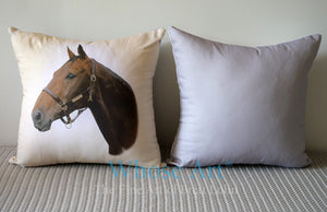 Art Cushion with horse painting showing a Bay horse's head.