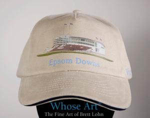 Horse racing gift idea hat with a picture of a racecourse on the front and horses racing