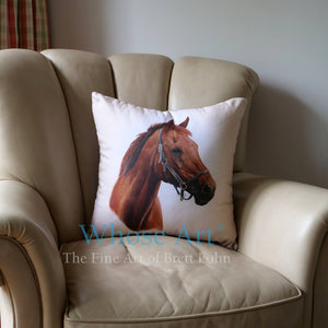 Horse painting on a cushion placed on a chair