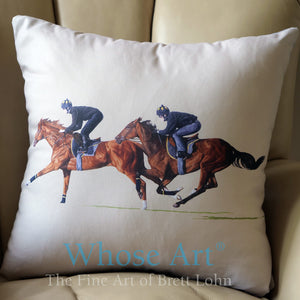 Painting of galloping horses on a cushion, on a chair