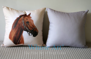 Beautiful painting of a bay racehorse's head on a cushion