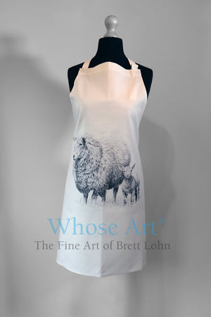 Sheep apron featuring a fine art drawing of sheep and lamb. Modelled on a female mannequin.