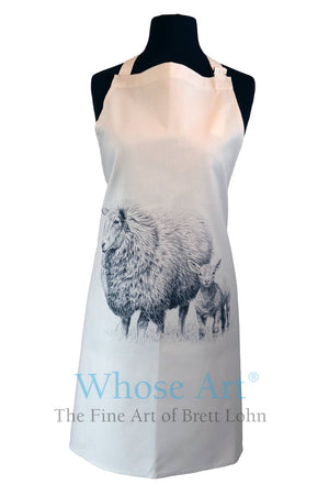 Gorgeous apron featuring a drawing of a sheep and lamb, pictured on a mannequin.