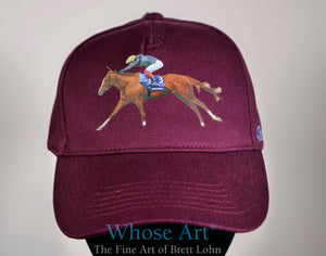 stradivarius horse painting design on the front of a burgundy hat