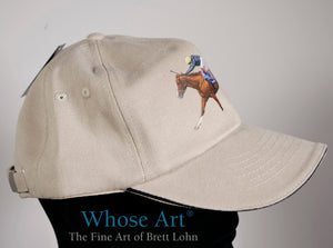 Stradivarius racehorse with Frankie Dettori painting printed on the front of a hat