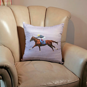 racehorse gift idea of stradivarius horse painting on a cushion, on an armchair