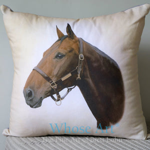 Horse art cushion resting on a table