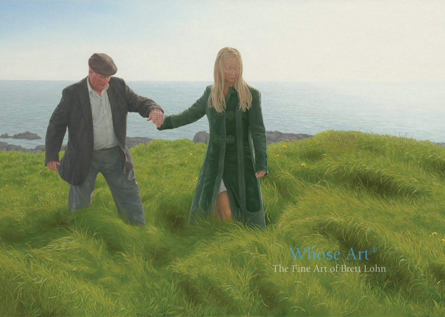 Art card with a mental health message featuring a painting of a lost man being led by the hand by a young woman in the sun