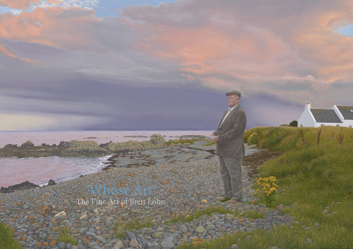 Art greeting card featuring a painting of a man on a rocky beach at dusk as a storm approaches. The card is blank inside