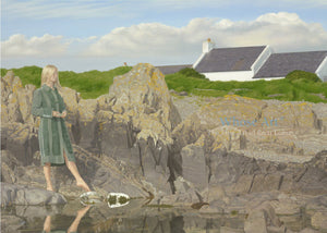 Art greeting card of a blonde haired woman in a green coat, standing on a rocky shore with her foot pointed toward a stone.