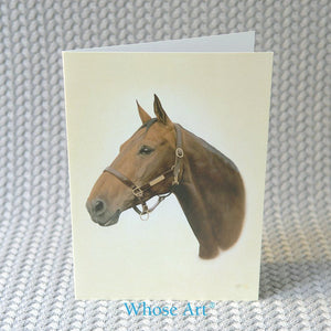Bay horse art greeting card with a portrait of a horse's head on the front. The painting shows the bay's ears pointing