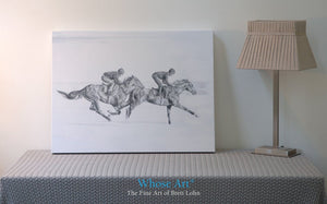 Black & white horse art canvas print, resting on a table, depicting a pencil drawing of 2 horses in training on the gallops.