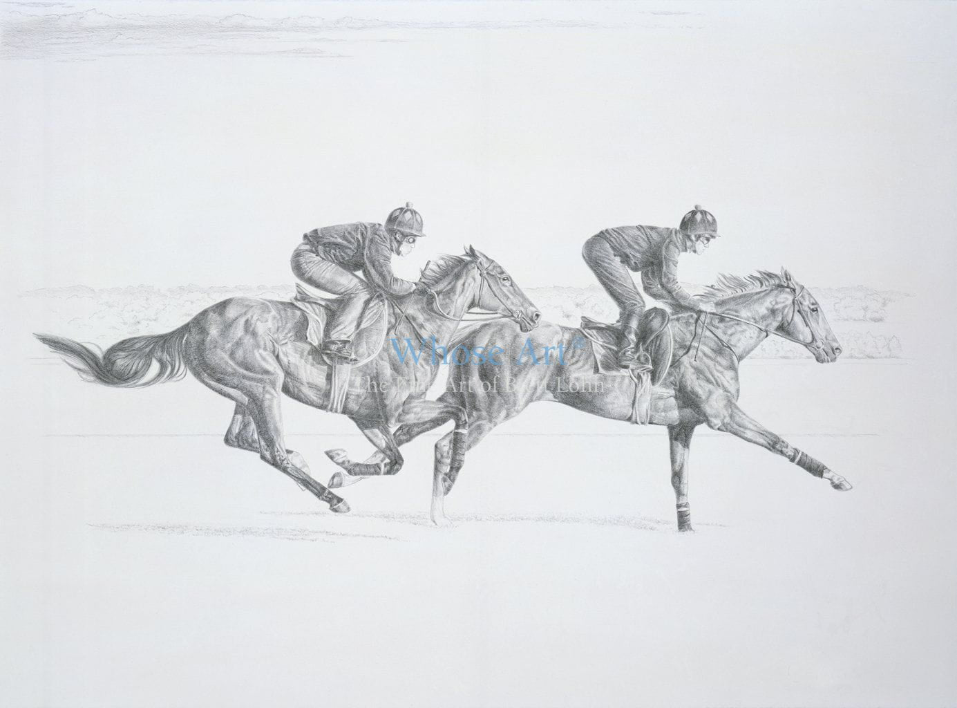 Black and white horse art drawing of racehorses galloping together in training. Drawn in pencil, the lead horse is a grey.