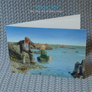 Fine art greeting card shows a painting of a man in a cap on a beach, beneath a blue sky skimming a stone - Blank inside