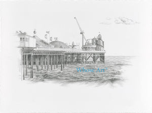 Brighton Art Greeting Card with a drawing of the Palace Pier. The pencil drawing is of the pier funfair viewed from shore