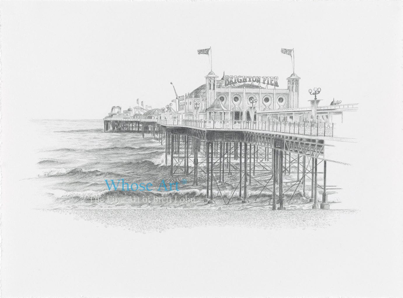 A pencil drawing of Brighton Pier shown viewing the front of the palace pier. This is a delicately shaded piece of pencil art