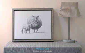 Canvas picture fine art print featuring sheep art. A black & white canvas print of a drawing of sheep and lamb framed silver.