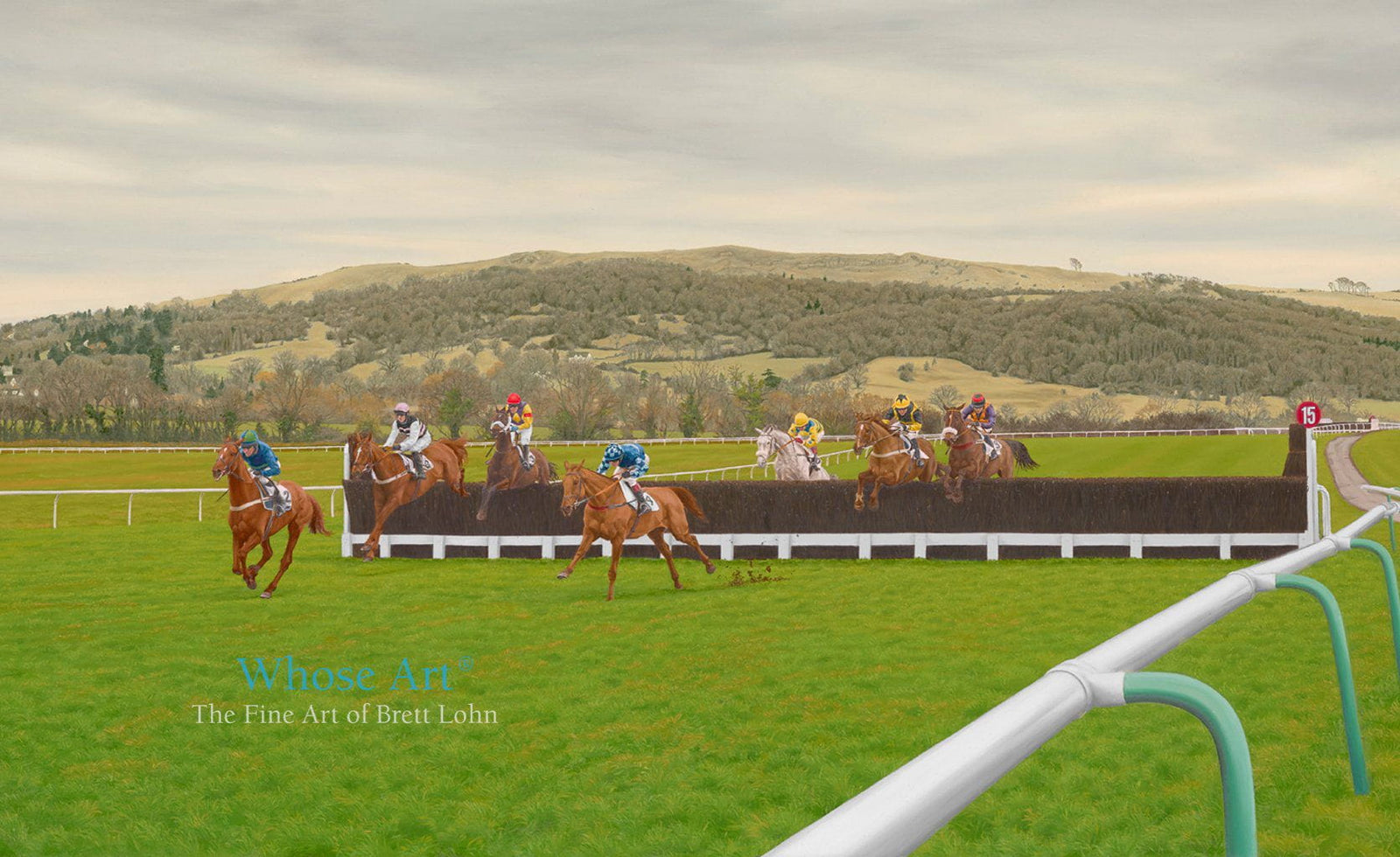 Cheltenham Racecourse horse racing art painting showing horses jumping a fence with Cleeve Hill in the background.