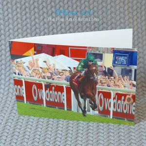 Dettori Derby Art greeting card shows a painting of the 2007 Derby finish with Authorized being ridden to win by Dettori
