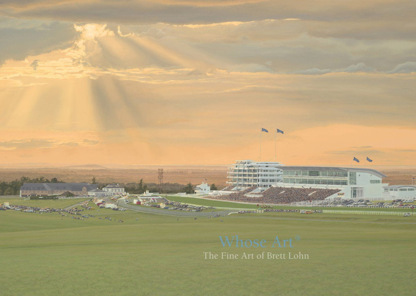 Epsom Derby greeting card of an oil painting of a race at Epsom Downs Racecourse beneath a stormy sunset sky with rays of sunlight. A dramatic greeting card.