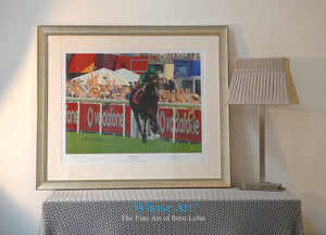 Epsom derby framed print of the Derby finish with Frankie Dettori & Authorized with the crowd celebrating wildly. Framed gold