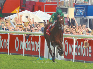Epsom derby painting showing the Derby finish of Frankie Dettori and Authorized with the crowd celebrating wildly behind them