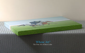 Equestrian art Canvas gallery wrap print of a painting of racehorses exercising on the gallops. Canvas lies flat on a table.