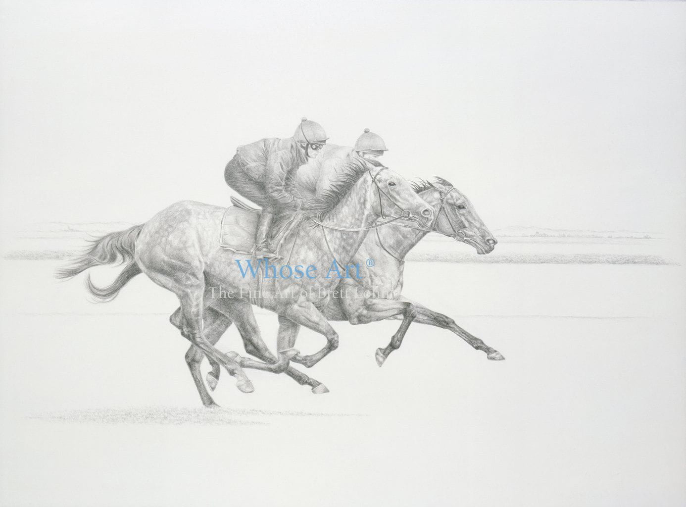 Equestrian Art drawing shown online of a grey and bay horse on the gallops drawn in pencil and shaded in detail. 