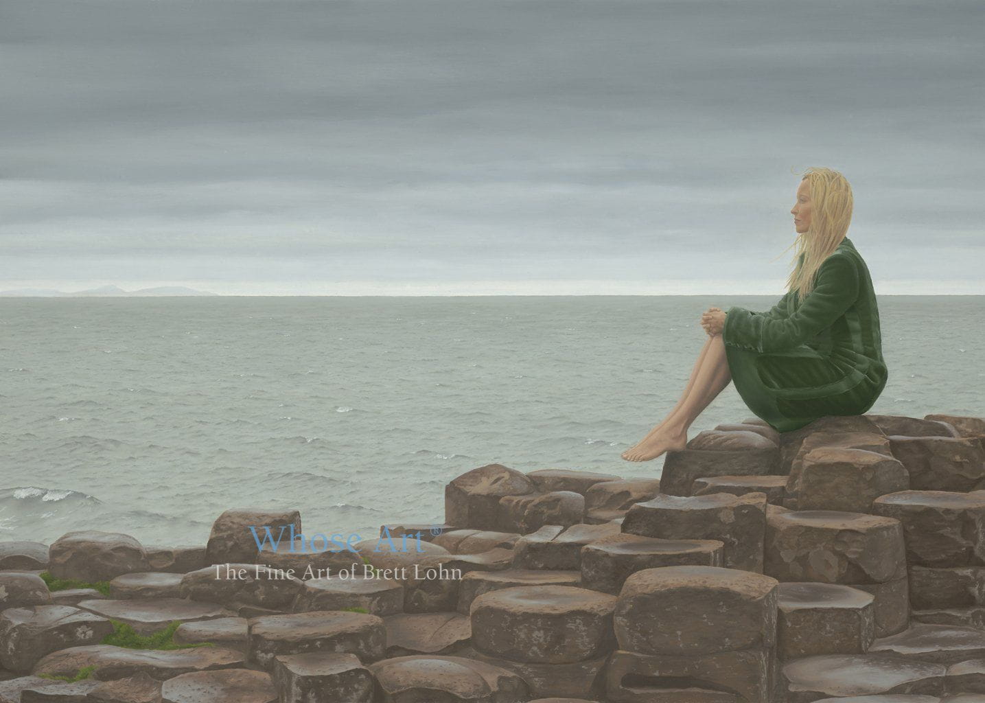 Fine art card size A5 of a painting depicting a young lady dressed in a green velvet coat, sitting on Giant's Causeway