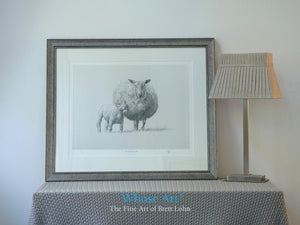 Framed sheep print of a pencil drawing of a sheep and newborn lamb together. Framed in silver and placed on a table by a lamp