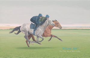 A Galloping Horses painting featuring a grey and a bay racehorse in training with two jockeys on Newmarket Heath.