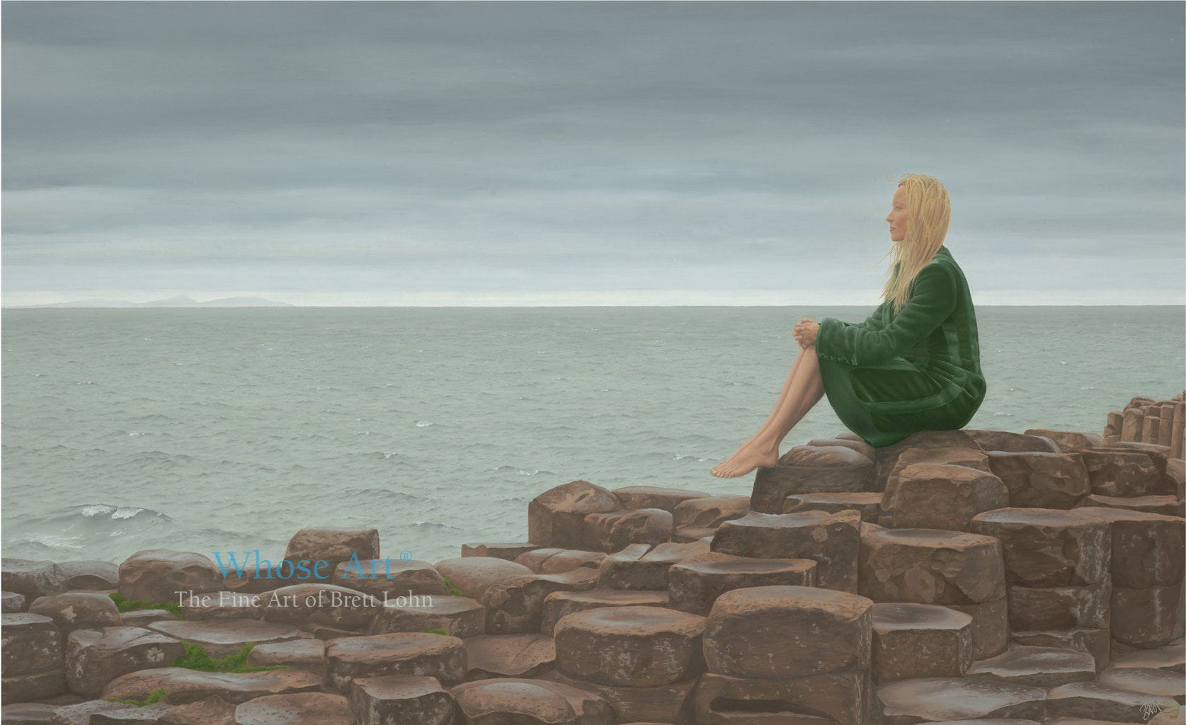 Giants Causeway wall art print of a painting of lady in a green coat sitting on the Giant's Causeway with a heavy sea behind.