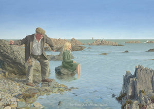 Greeting card of a painting of a retired man skimming stones across a shallow bay in Ireland. The card is blank inside