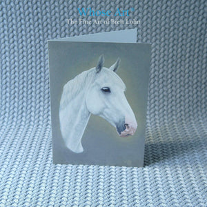 Grey horse art greeting card showing an oil painting of a grey horse with a beautiful eye and a charming nose