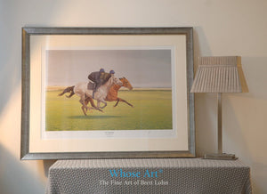 A framed example of a horse art print showing a grey horse on the gallops with a bay horse galloping alongside.