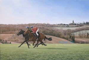 Horse Art Card of an oil painting of two horses galloping on Epsom Downs in the early spring morning sunshine.