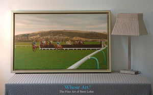 Horse Art canvas print of racing at Cheltenham. Painting depicts horses jumping the 13th fence. Framed in an interior setting