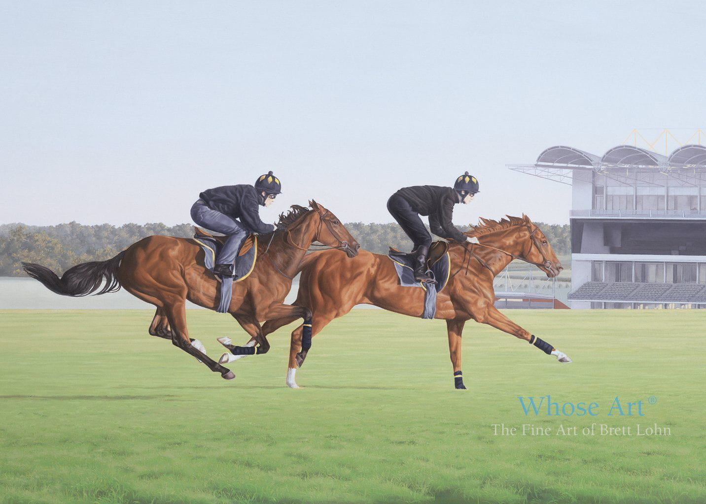 Horse Art Greeting Card showing a painting of a pair of horses galloping on Newmarket Heath at sunrise with jockeys up.