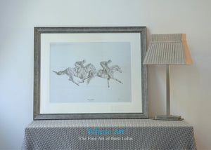 Framed horse art pencil drawing of two horses on the gallops with jockeys on board. Both horses are bay racehorses. 