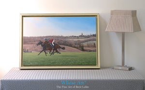 Horse canvas wall art print of a painting of a pair of racehorses galloping in training as the sun rises on a spring morning.