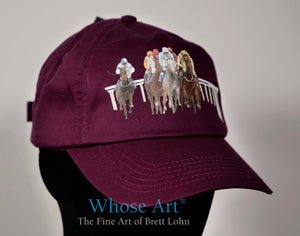 horse hat with a picture of racehorses racing on the front