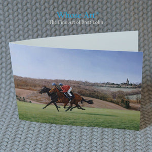 Horse greeting card displaying an equestrian art oil painting of a pair of horses working on the gallops in early Spring