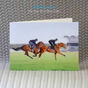 Horse Painting Greeting Card depicting two horses painted in oil on canvas on the gallops at Newmarket Heath as the sun rises