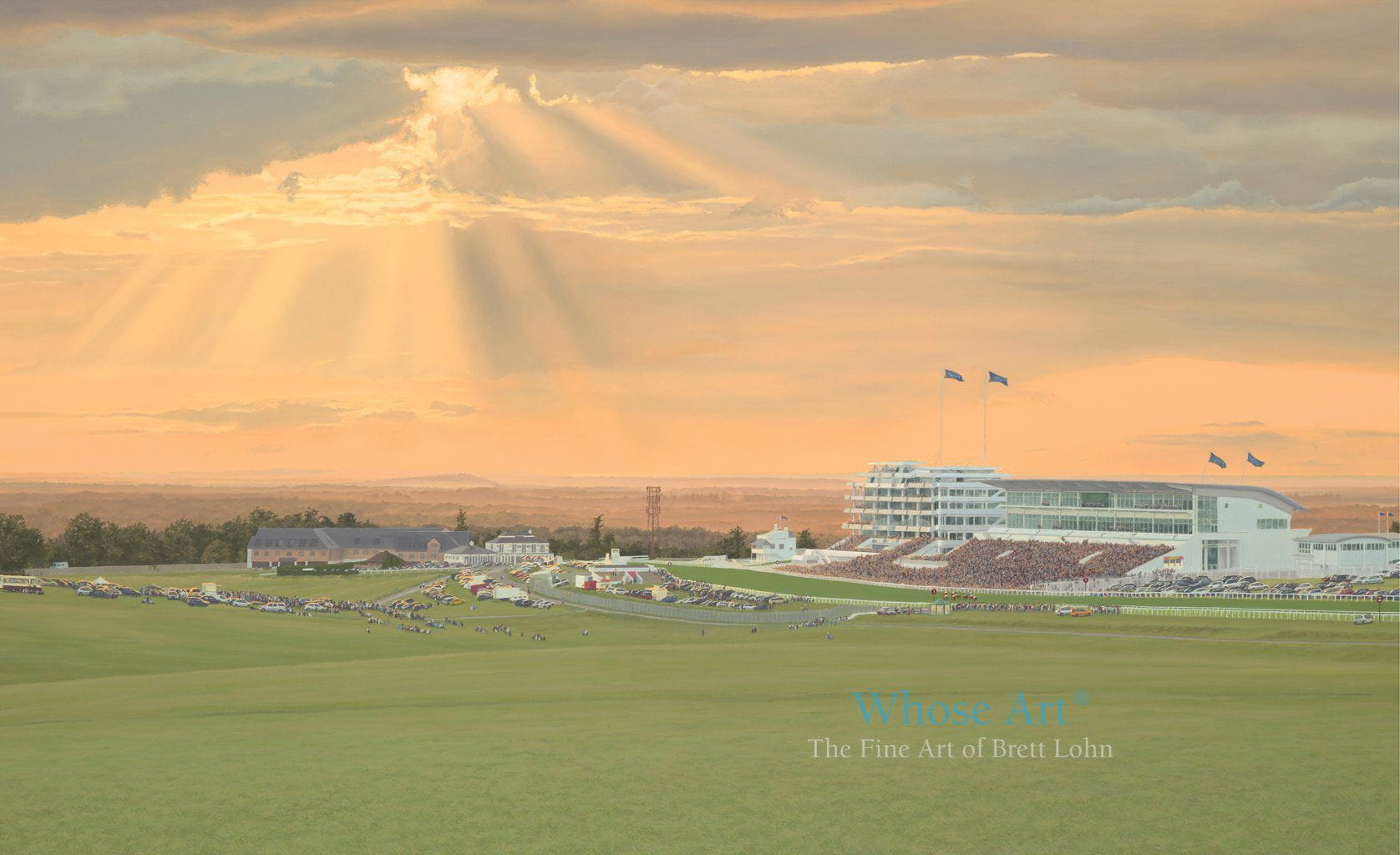 Horse racing Art picture of Epsom Downs during an evening race meeting with the sun setting in a dramatic stormy sky. 
