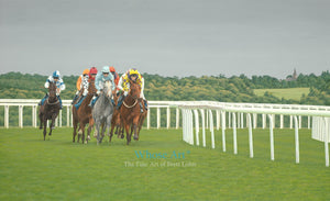 Horse racing art print of evening racing on Epsom Downs. Oil painting of horses racing in July with a stormy sky behind them