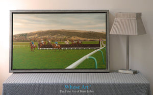 Horse racing canvas print of an oil painting of national hunt racing at Cheltenham. Horses are jumping the 13th fence.