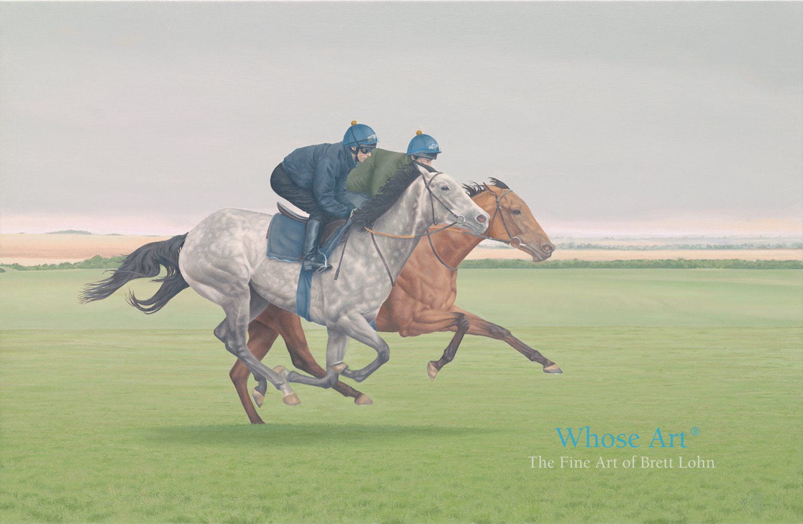 A galloping grey horse painted in oils in a wall art print showing horses galloping at Newmarket with jockeys on board.